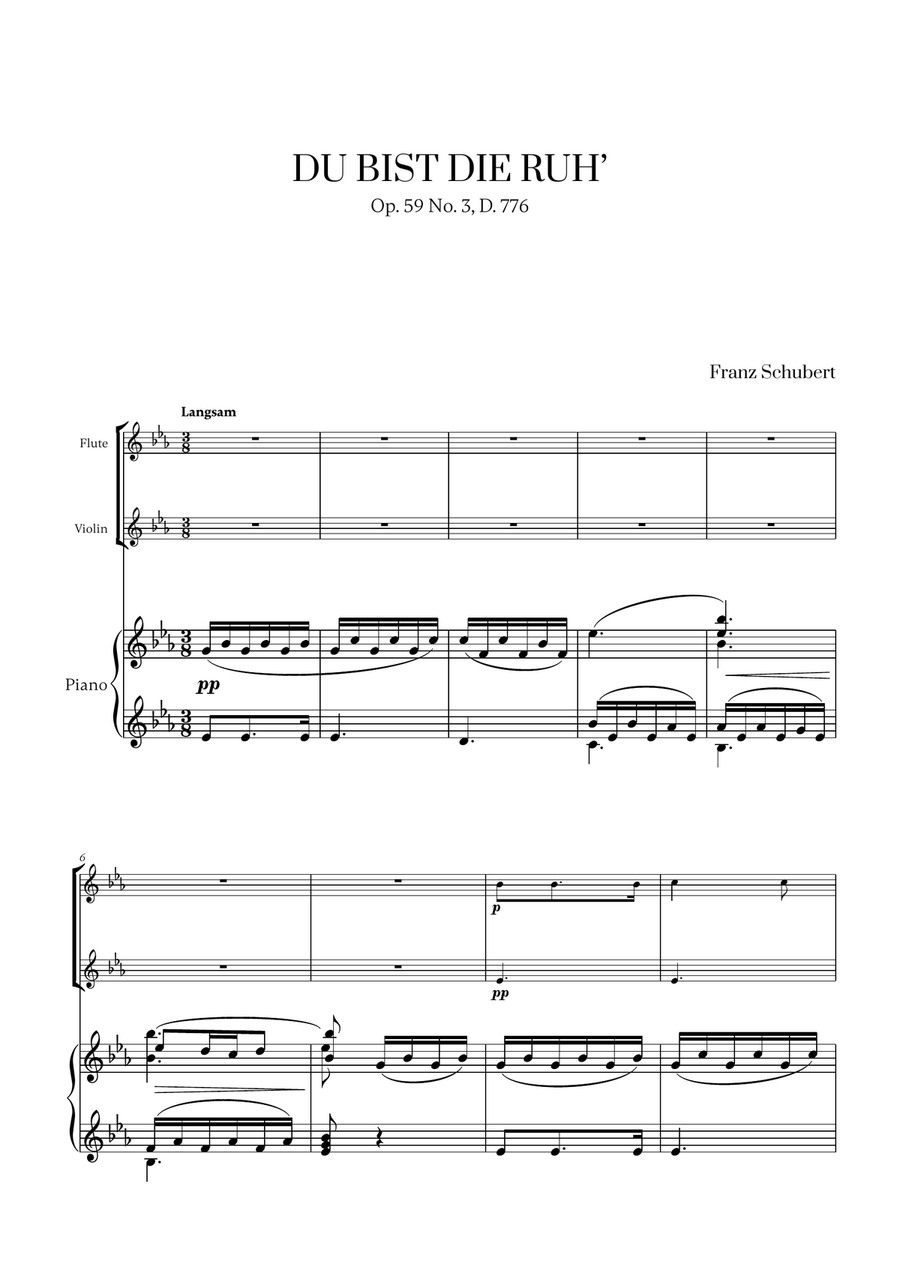 Franz Schubert - Du bist die Ruh (for Flute, Violin and Piano) Flute scores gallery preview page 1