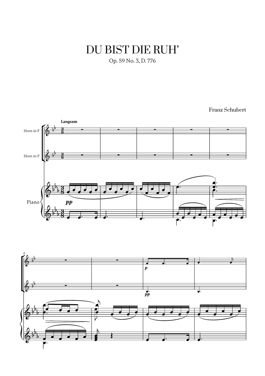 Franz Schubert - Du bist die Ruh (for French Horn Duet and Piano) Brass Duet scores gallery preview page 1