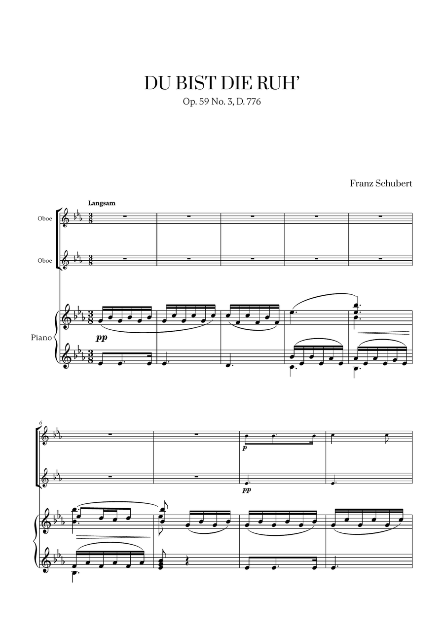 Franz Schubert - Du bist die Ruh (for Oboe Duet and Piano) Woodwind Duet scores gallery preview page 1