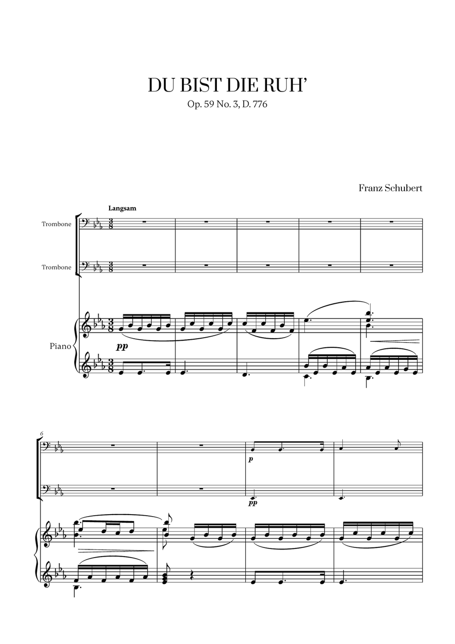 Franz Schubert - Du bist die Ruh (for Trombone Duet and Piano) Trombone Duet scores gallery preview page 1