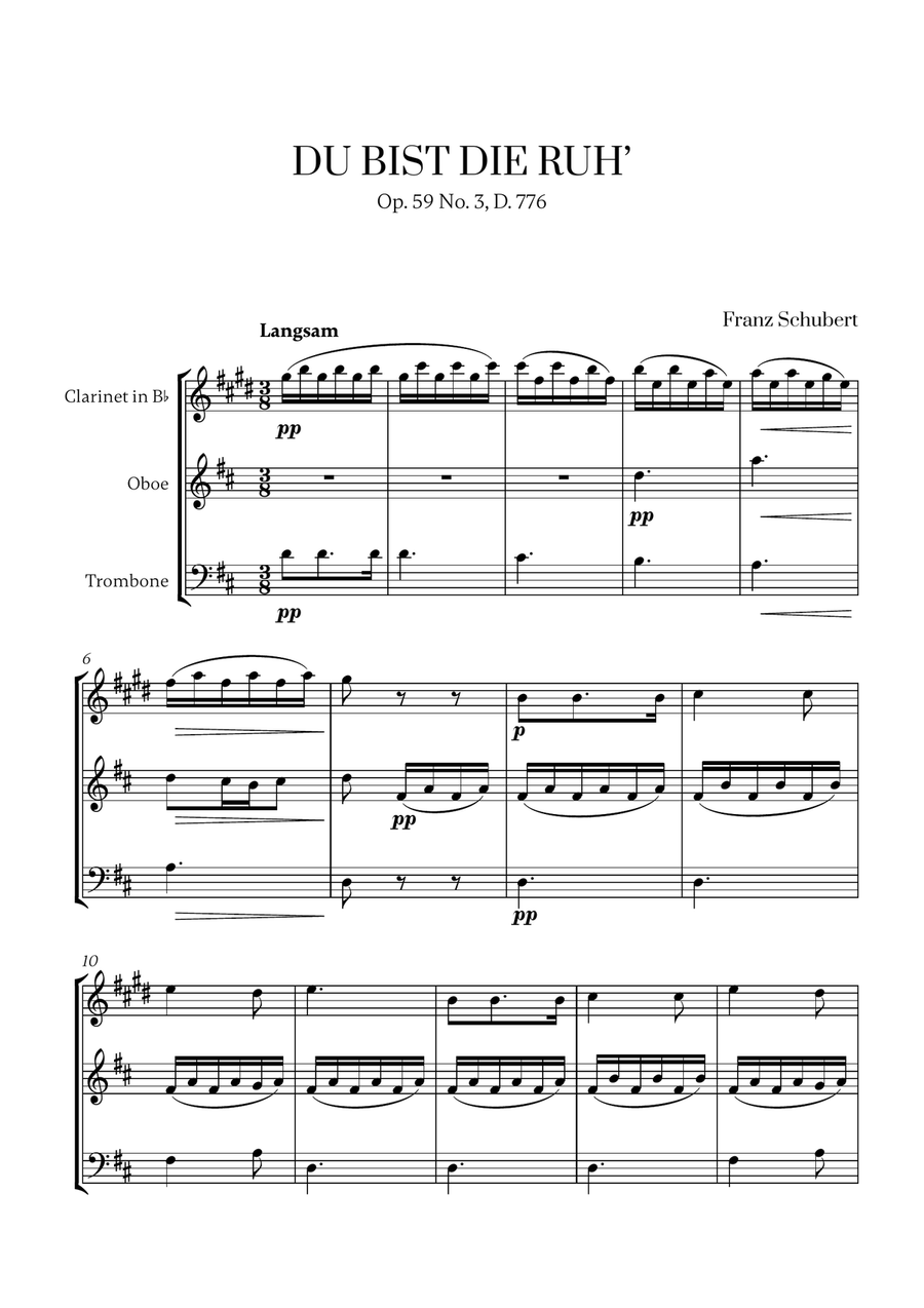 Franz Schubert - Du bist die Ruh (D major) (for Clarinet, Oboe and Trombone) Small Ensemble scores gallery preview page 1