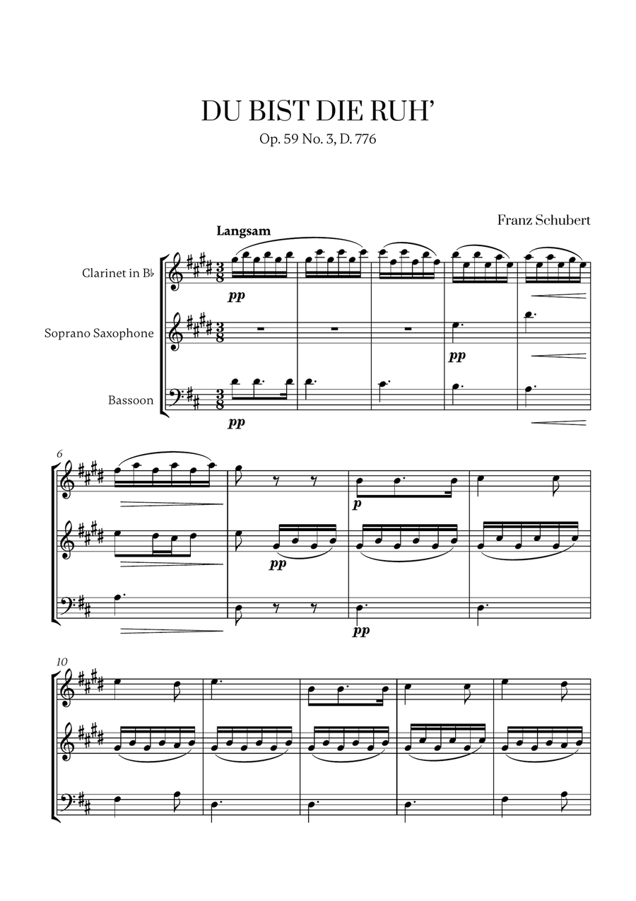Franz Schubert - Du bist die Ruh (D major) (for Clarinet, Soprano Saxophone and Bassoon) Small Ensemble scores gallery preview page 1