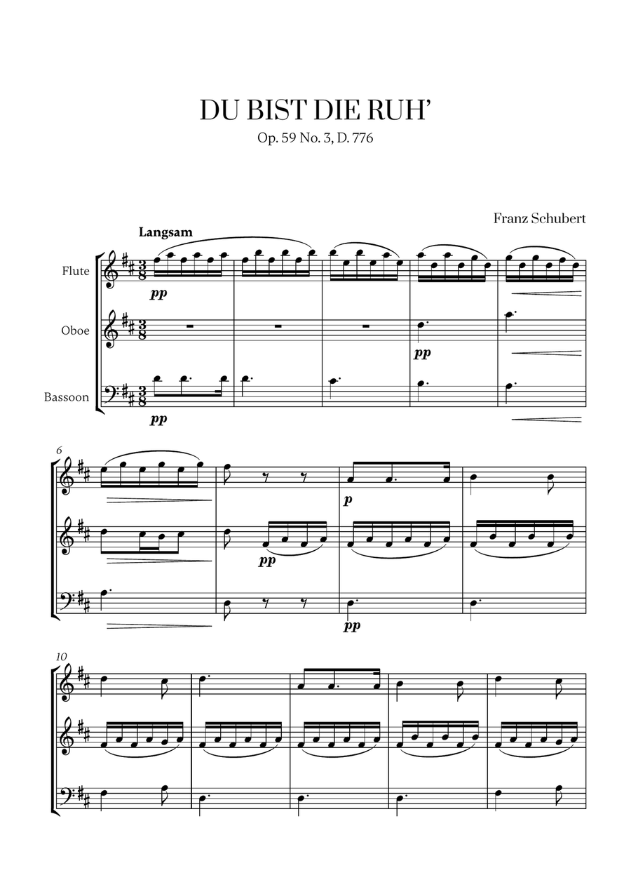 Franz Schubert - Du bist die Ruh (D major) (for Flute, Oboe and Bassoon) Small Ensemble scores gallery preview page 1