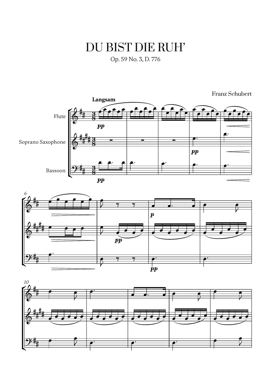 Franz Schubert - Du bist die Ruh (D major) (for Flute, Soprano Saxophone and Bassoon) Small Ensemble scores gallery preview page 1