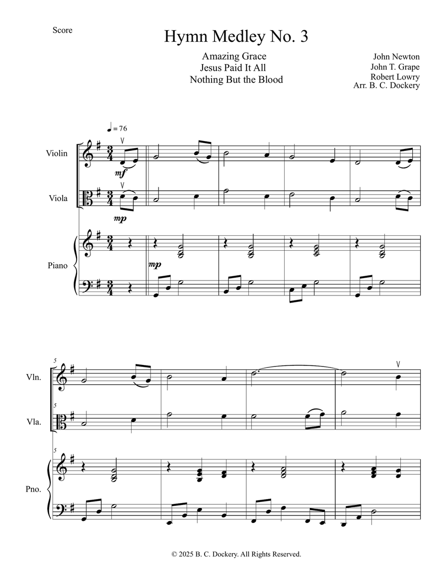 Hymn Medley No. 3 (Violin and Viola Duet with Piano Accompaniment) String Duet scores gallery preview page 1