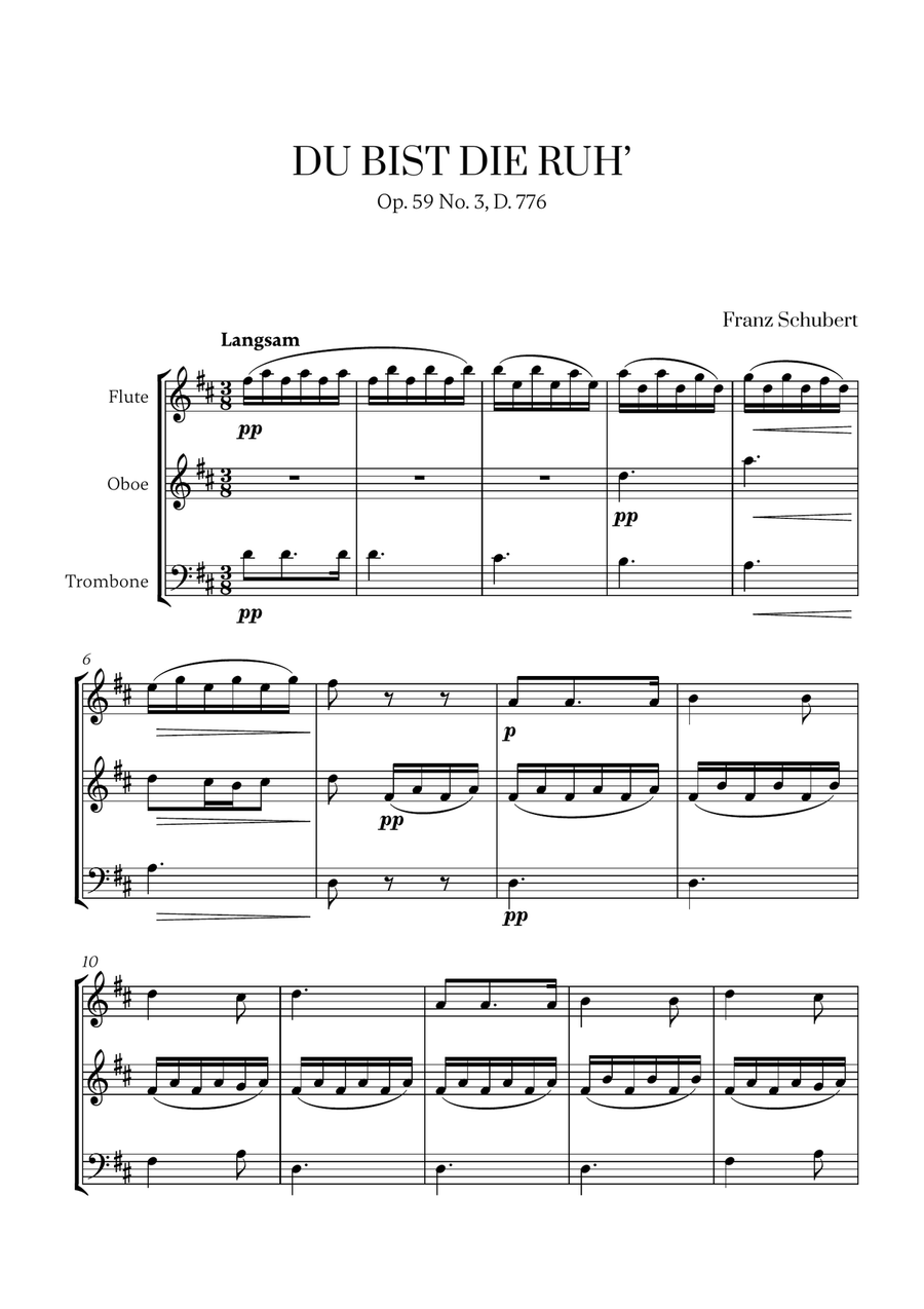 Franz Schubert - Du bist die Ruh (D major) (for Flute, Oboe and Trombone) Small Ensemble scores gallery preview page 1