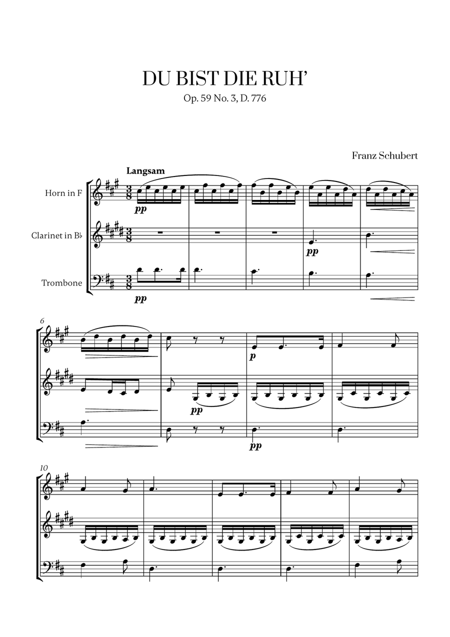 Franz Schubert - Du bist die Ruh (D major) (for French Horn, Clarinet and Trombone) Small Ensemble scores gallery preview page 1
