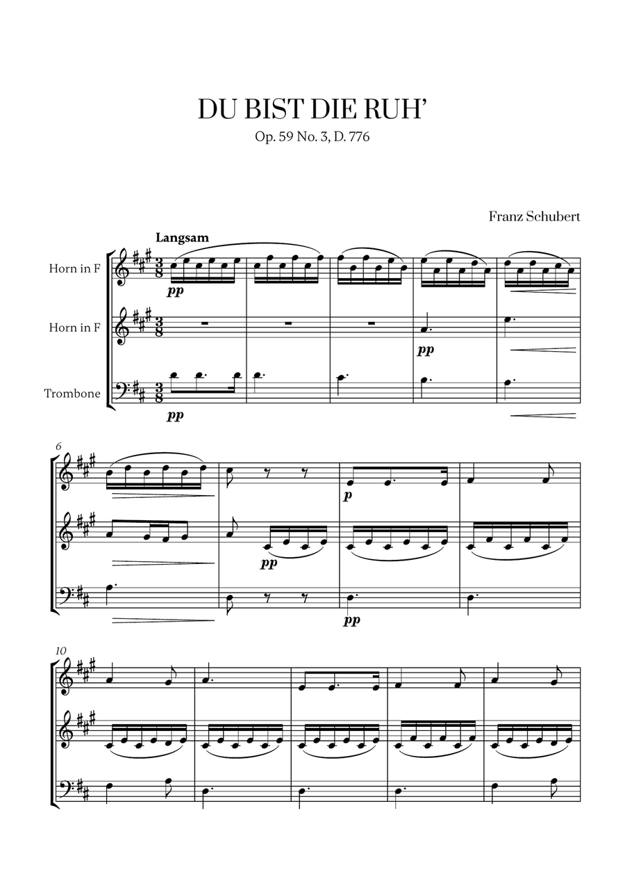 Franz Schubert - Du bist die Ruh (D major) (for 2 French Horns and Trombone) Small Ensemble scores gallery preview page 1