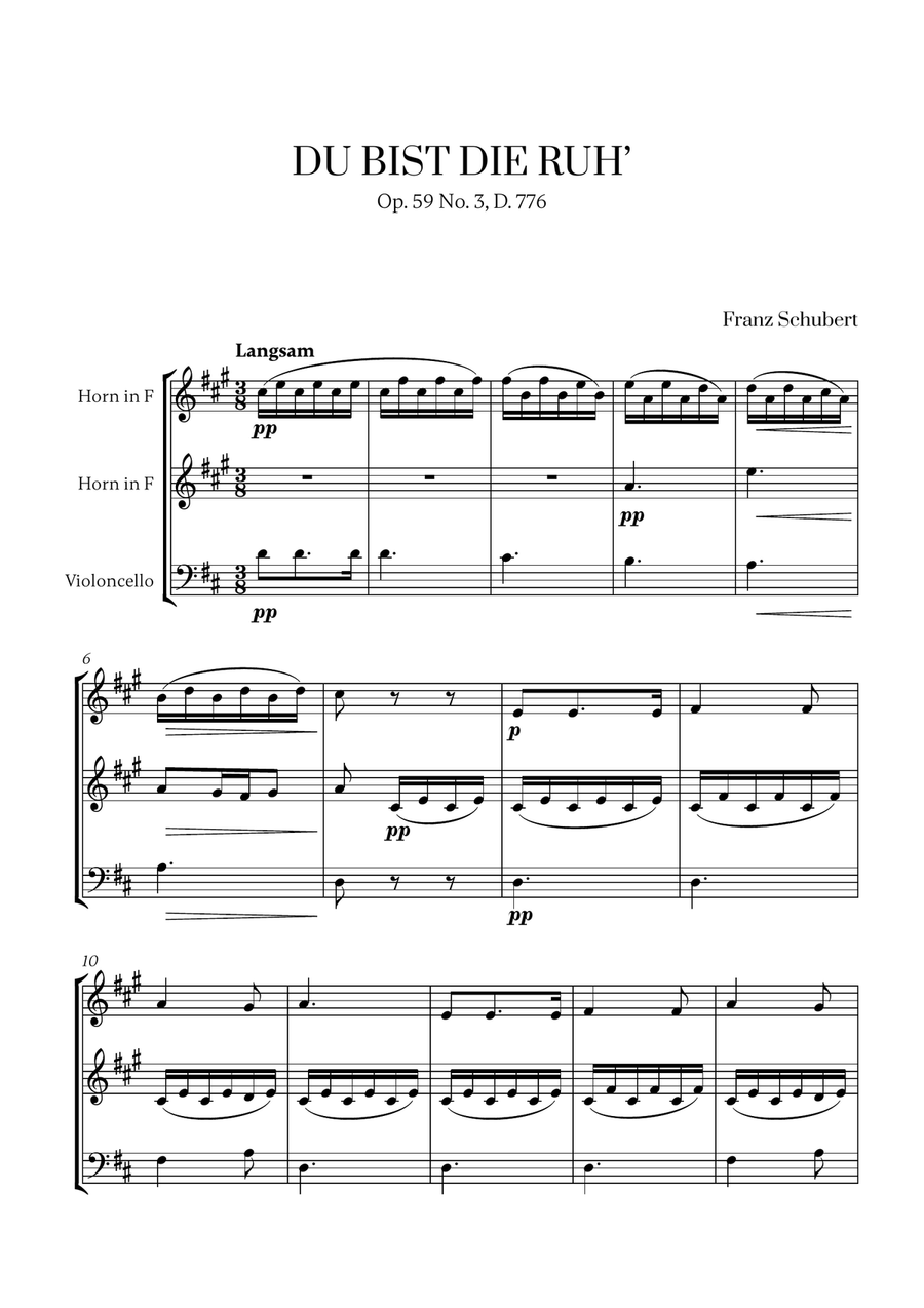Franz Schubert - Du bist die Ruh (D major) (for 2 French Horns and Cello) Small Ensemble scores gallery preview page 1