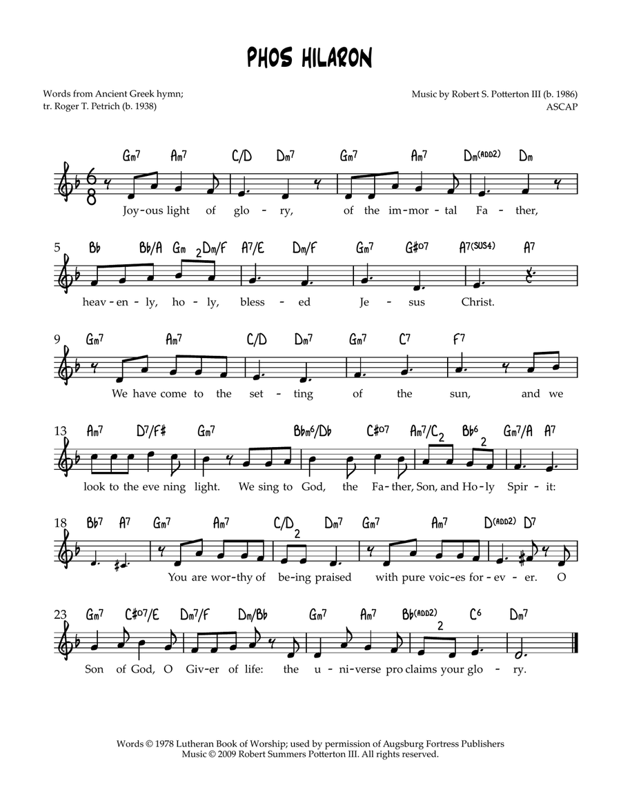Phos Hilaron (Jazz) Phos Hilaron (Jazz) Piano scores gallery preview page 1