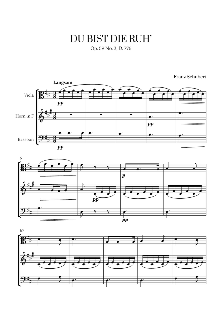 Schubert - Du bist die Ruh (D major) (for Viola, French Horn and Bassoon) Small Ensemble scores gallery preview page 1
