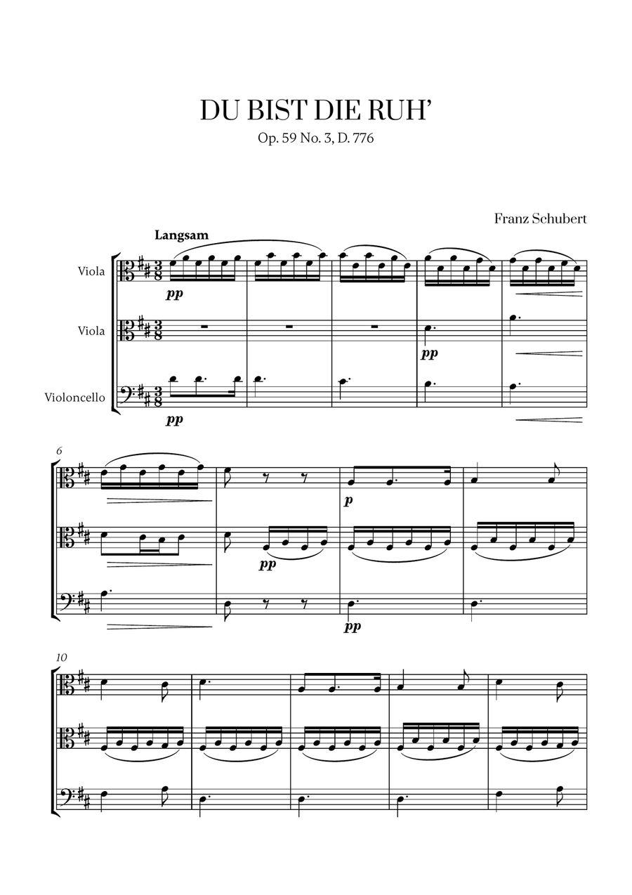 Schubert - Du bist die Ruh (D major) (for 2 Violas and Cello) Small Ensemble scores gallery preview page 1