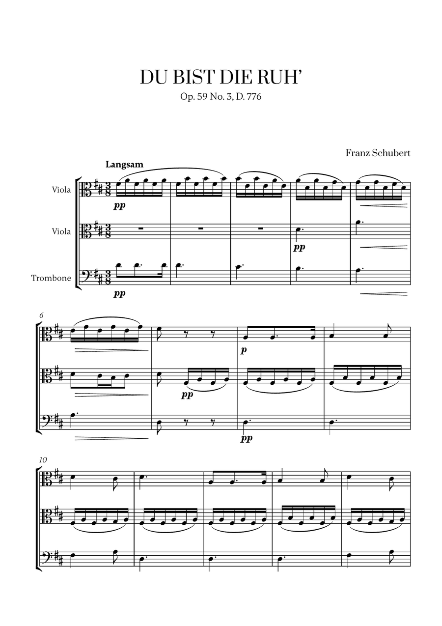 Schubert - Du bist die Ruh (D major) (for 2 Violas and Trombone) Small Ensemble scores gallery preview page 1