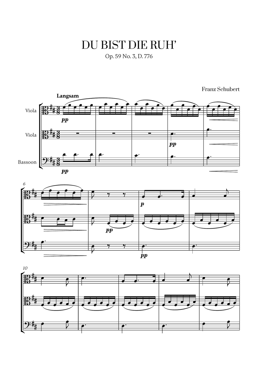 Schubert - Du bist die Ruh (D major) (for 2 Violas and Bassoon) Small Ensemble scores gallery preview page 1