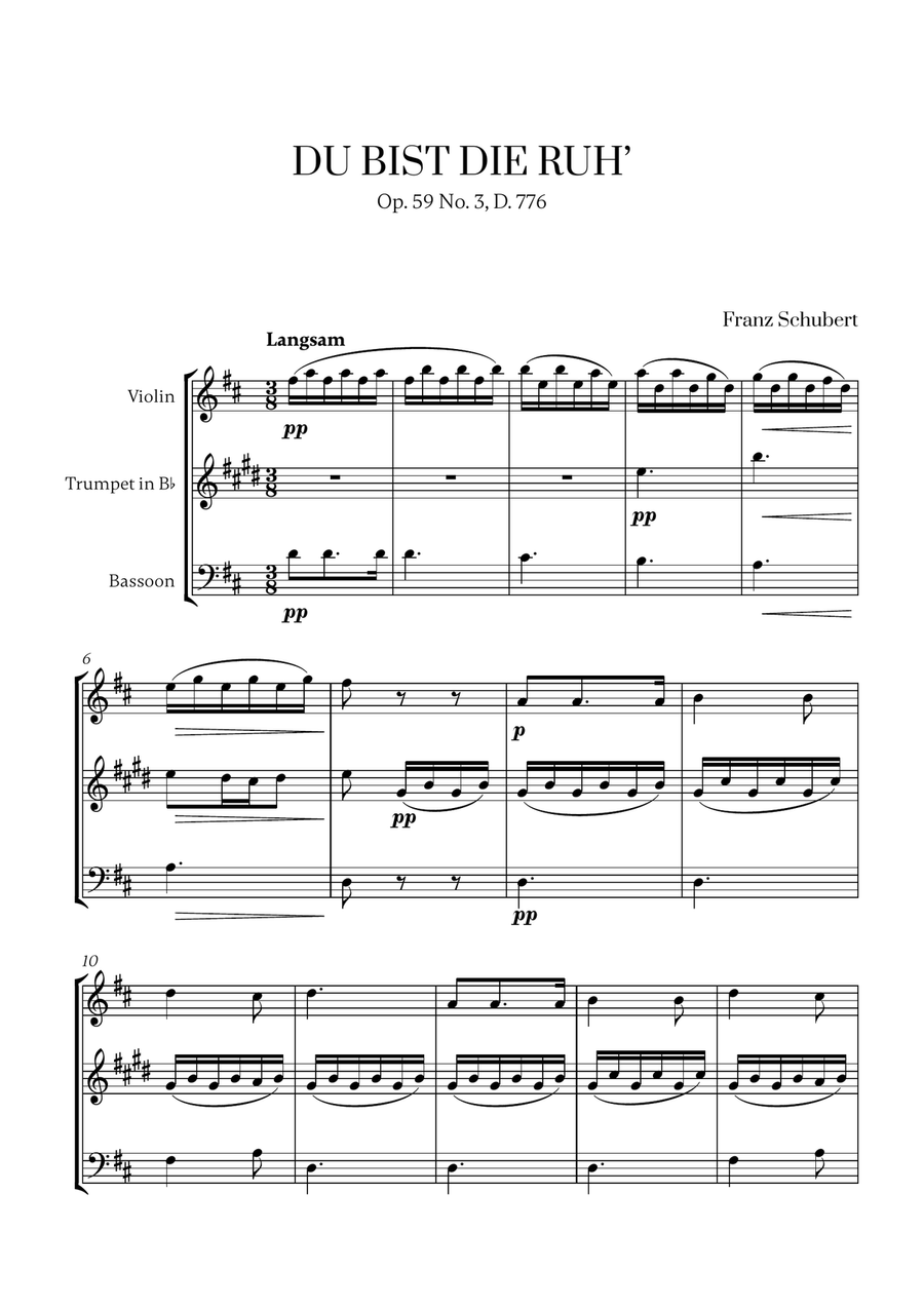 Schubert - Du bist die Ruh (D major) (for Violin, Trumpet and Bassoon) Small Ensemble scores gallery preview page 1