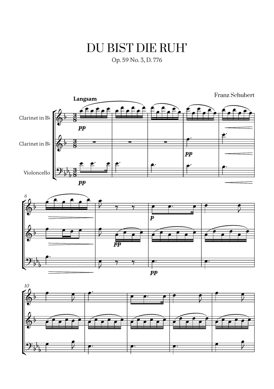 Schubert - Du bist die Ruh (for 2 Clarinets and Cello) Small Ensemble scores gallery preview page 1