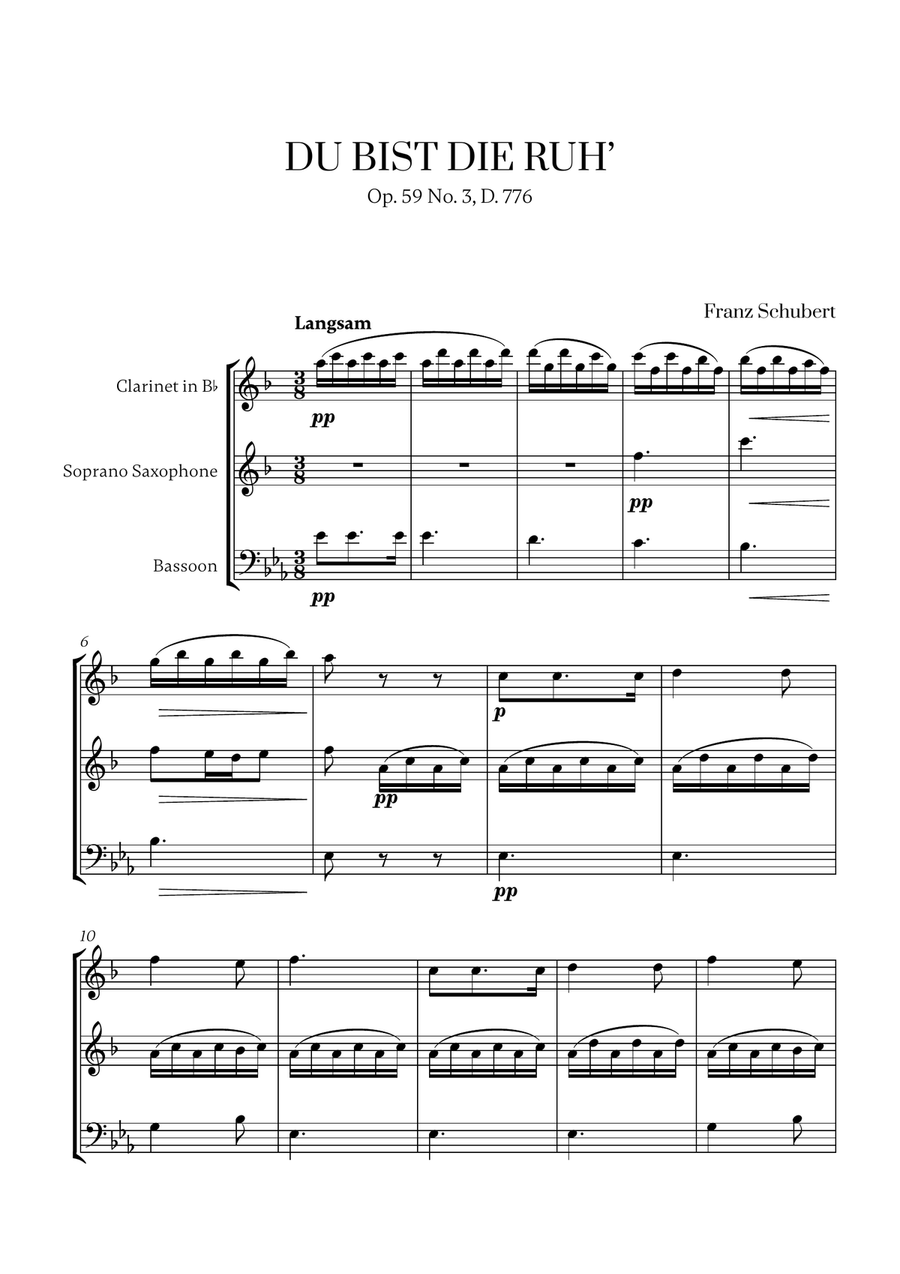 Schubert - Du bist die Ruh (for Clarinet, Soprano Saxophone and Bassoon) Small Ensemble scores gallery preview page 1