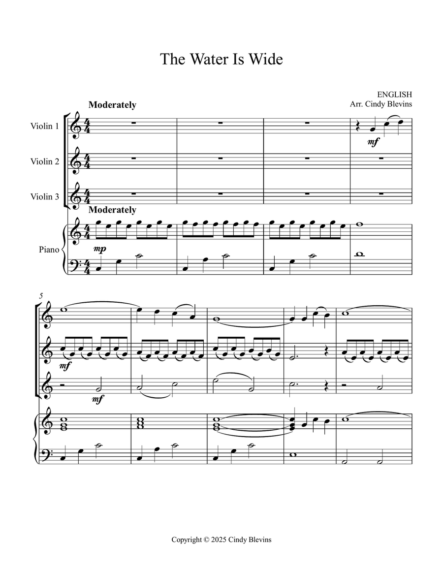 The Water Is Wide, for Three Violins and Piano Small Ensemble scores gallery preview page 2