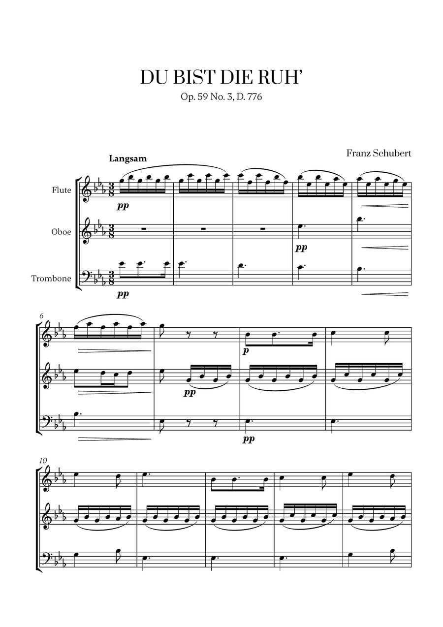 Schubert - Du bist die Ruh (for Flute, Oboe and Trombone) Small Ensemble scores gallery preview page 1