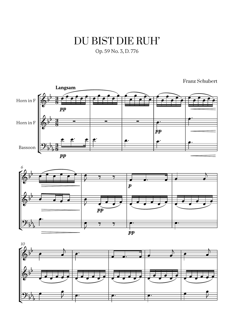 Schubert - Du bist die Ruh (for 2 French Horns and Bassoon) Small Ensemble scores gallery preview page 1