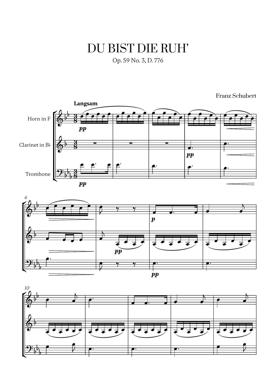 Schubert - Du bist die Ruh (for French Horn, Clarinet and Trombone) Small Ensemble scores gallery preview page 1