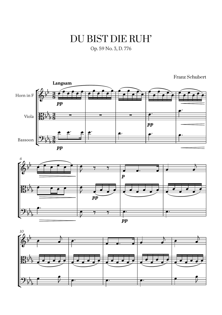 Schubert - Du bist die Ruh (for French Horn, Viola and Bassoon) Small Ensemble scores gallery preview page 1