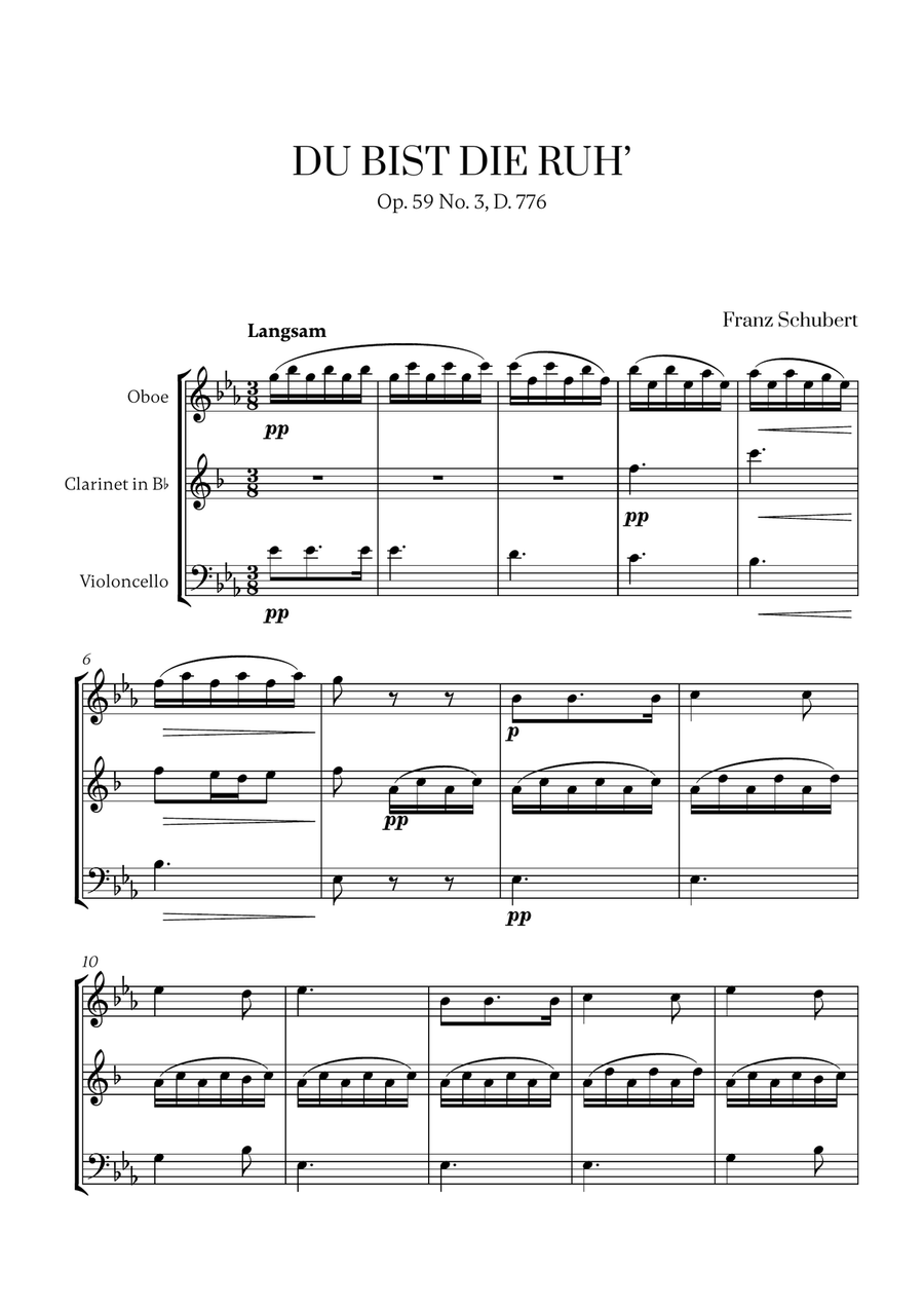 Schubert - Du bist die Ruh (for Oboe, Clarinet and Cello) Small Ensemble scores gallery preview page 1