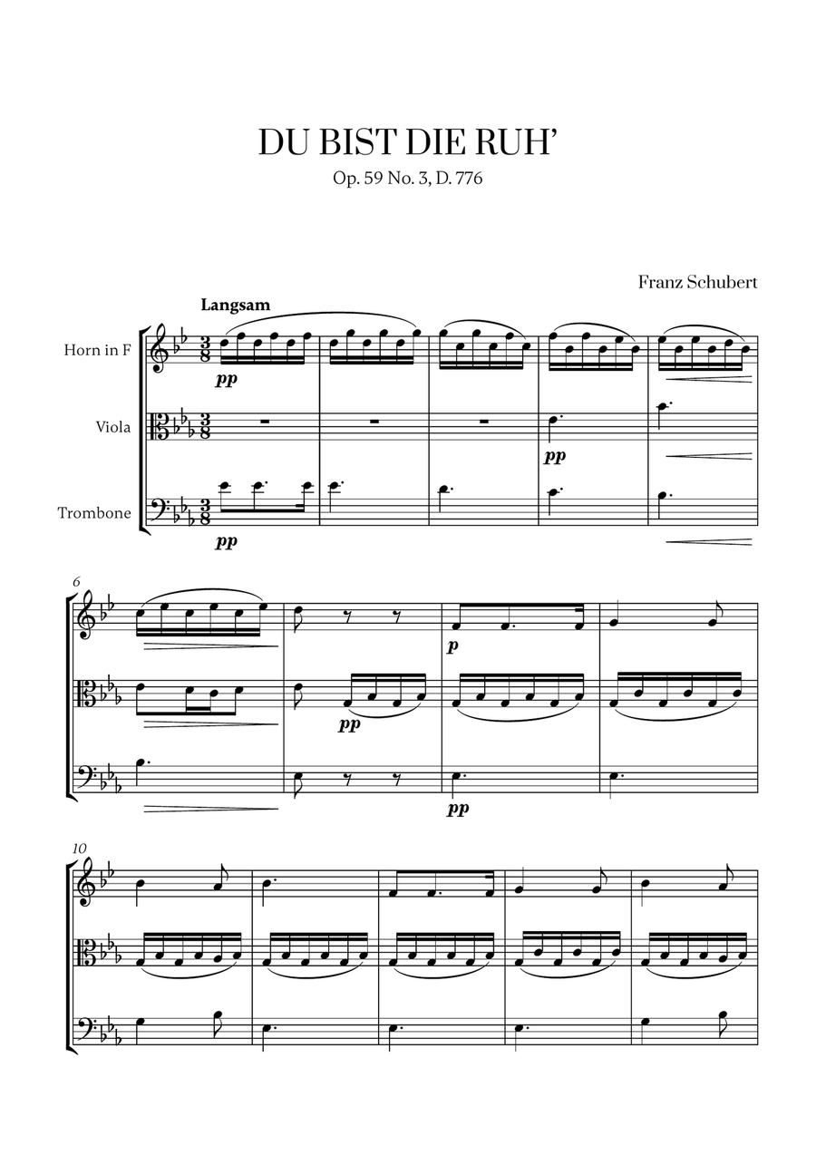 Schubert - Du bist die Ruh (for French Horn, Viola and Trombone) Small Ensemble scores gallery preview page 1