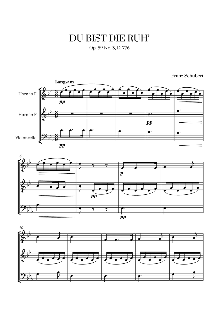 Schubert - Du bist die Ruh (for 2 French Horns and Cello) Small Ensemble scores gallery preview page 1