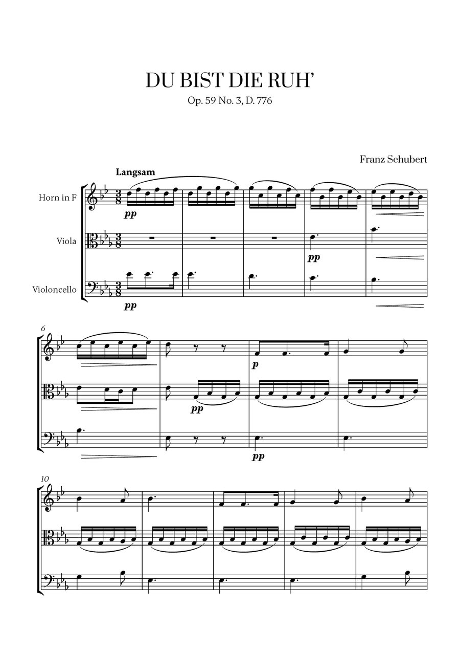 Schubert - Du bist die Ruh (for French Horn, Viola and Cello) Small Ensemble scores gallery preview page 1