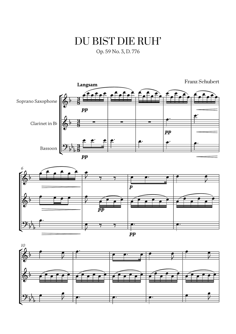 Schubert - Du bist die Ruh (for Soprano Saxophone, Clarinet and Bassoon) Small Ensemble scores gallery preview page 1