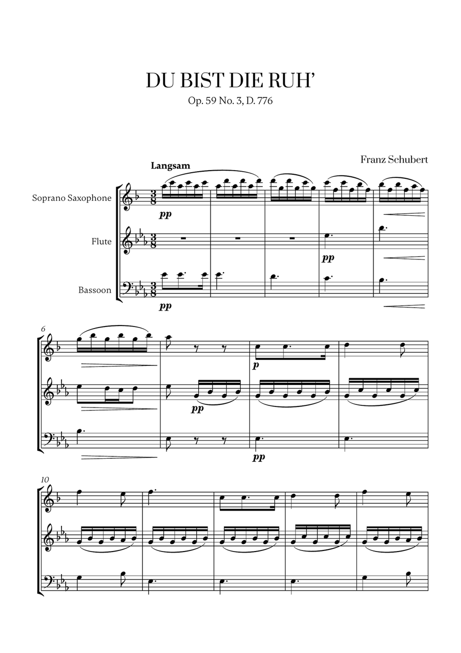 Schubert - Du bist die Ruh (for Soprano Saxophone, Flute and Bassoon) Small Ensemble scores gallery preview page 1