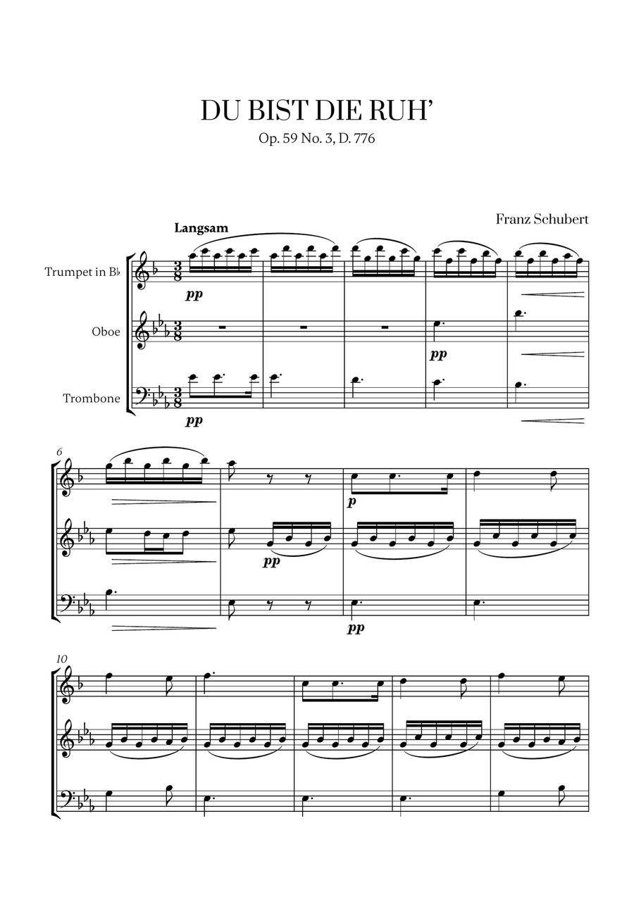 Schubert - Du bist die Ruh (for Trumpet, Oboe and Trombone) Small Ensemble scores gallery preview page 1