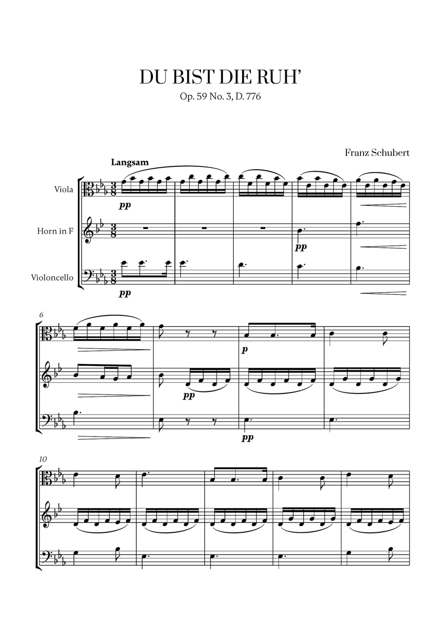 Schubert - Du bist die Ruh (for Viola, French Horn and Cello) Small Ensemble scores gallery preview page 1