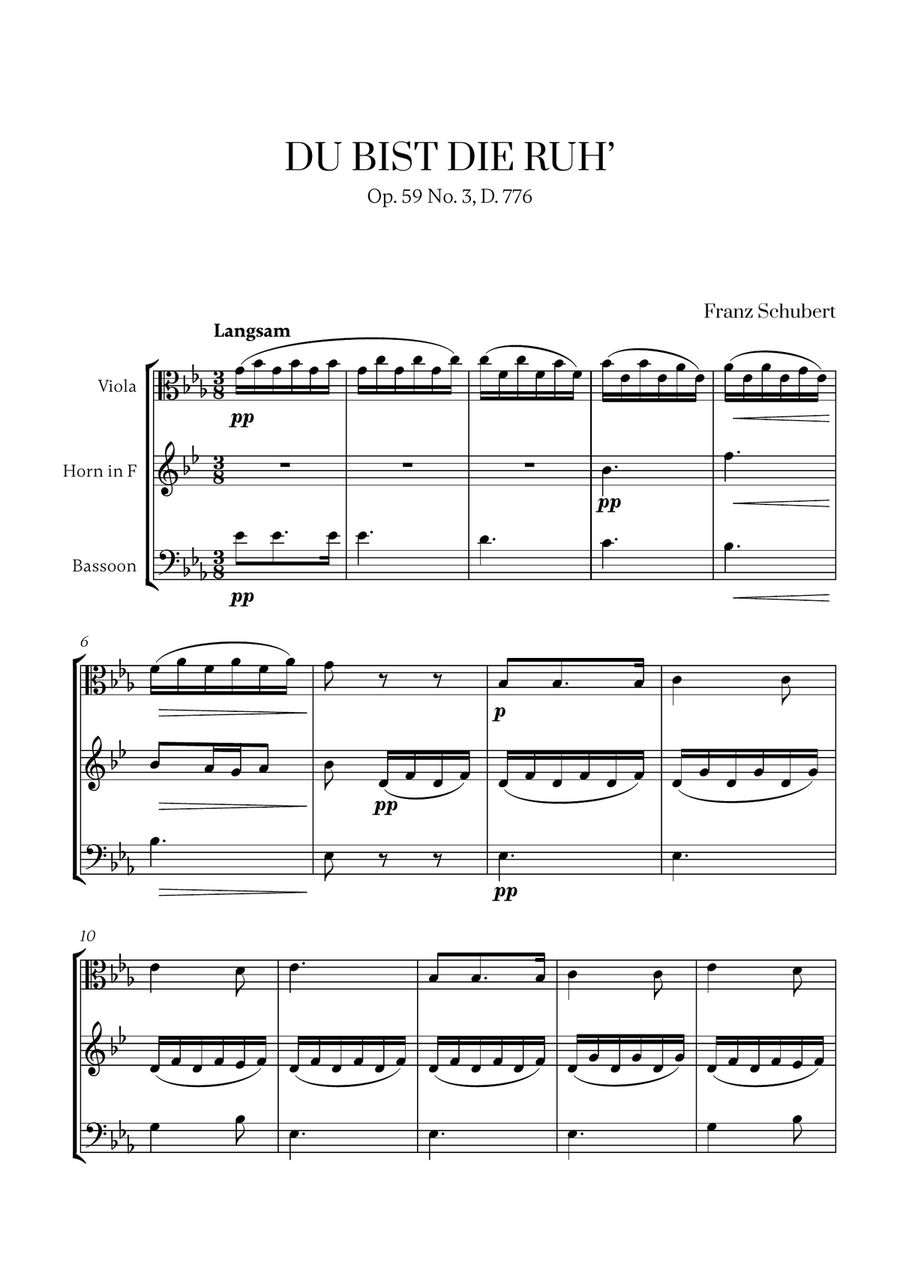 Schubert - Du bist die Ruh (for Viola, French Horn and Bassoon) Small Ensemble scores gallery preview page 1