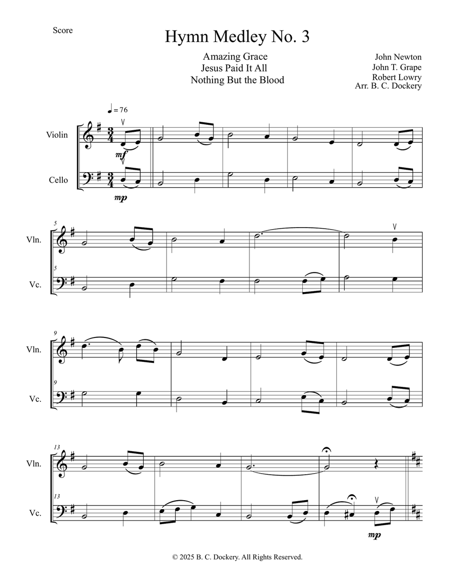 Hymn Medley No. 3 (Violin and Cello Duet) String Duet scores gallery preview page 1