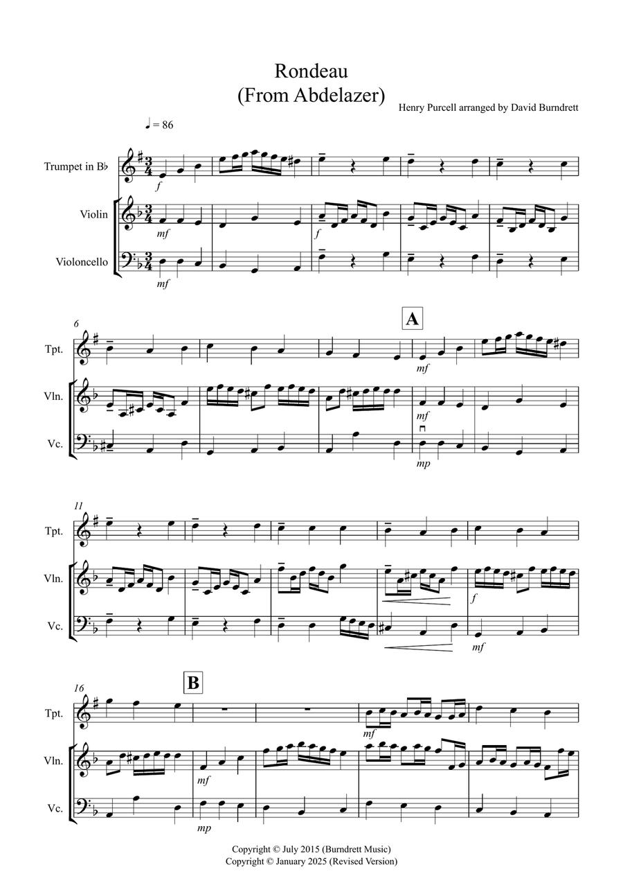 Rondeau (from Abdelazer) for Trumpet, Violin and Cello Trio Small Ensemble scores gallery preview page 1