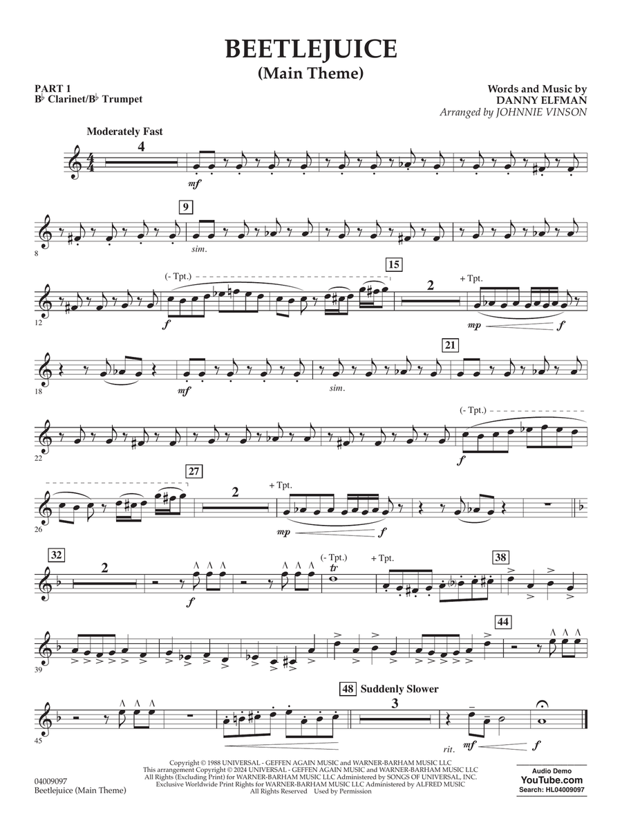 Beetlejuice (Main Theme) (arr. Johnny Vinson) - Pt.1 - Bb Clarinet/Bb Trumpet Concert Band scores gallery preview page 1