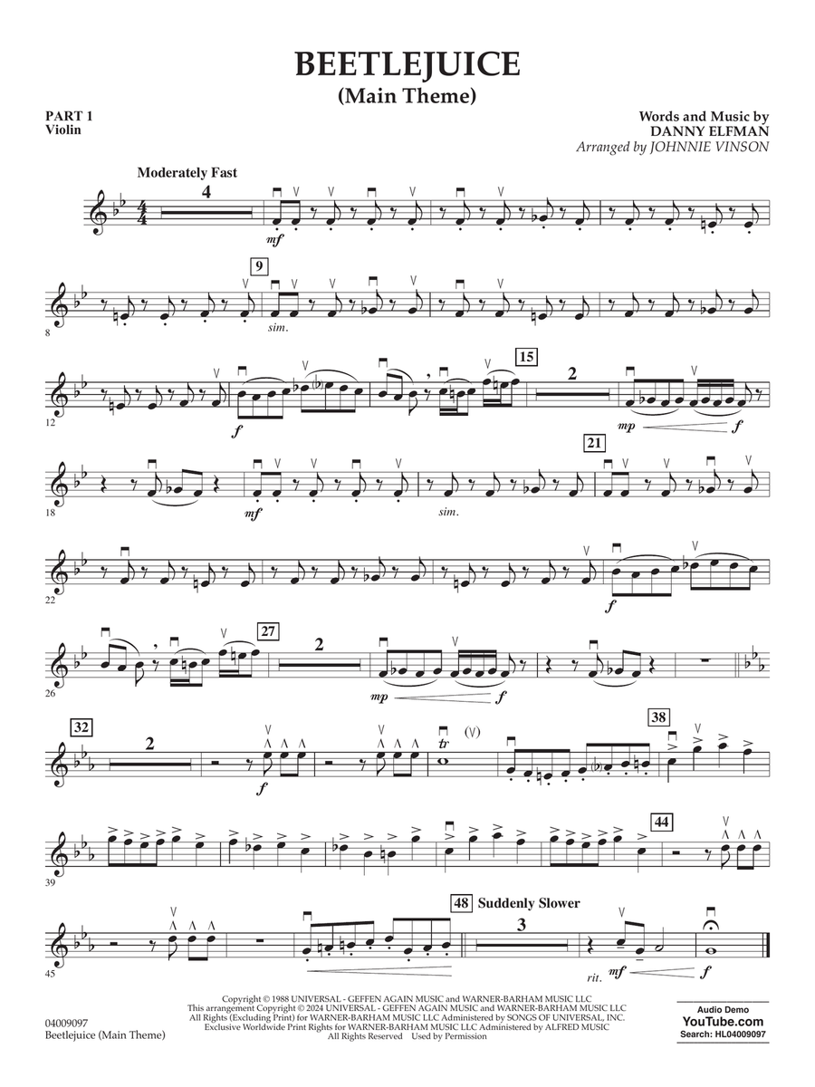 Beetlejuice (Main Theme) (arr. Johnny Vinson) - Pt.1 - Violin Concert Band scores gallery preview page 1