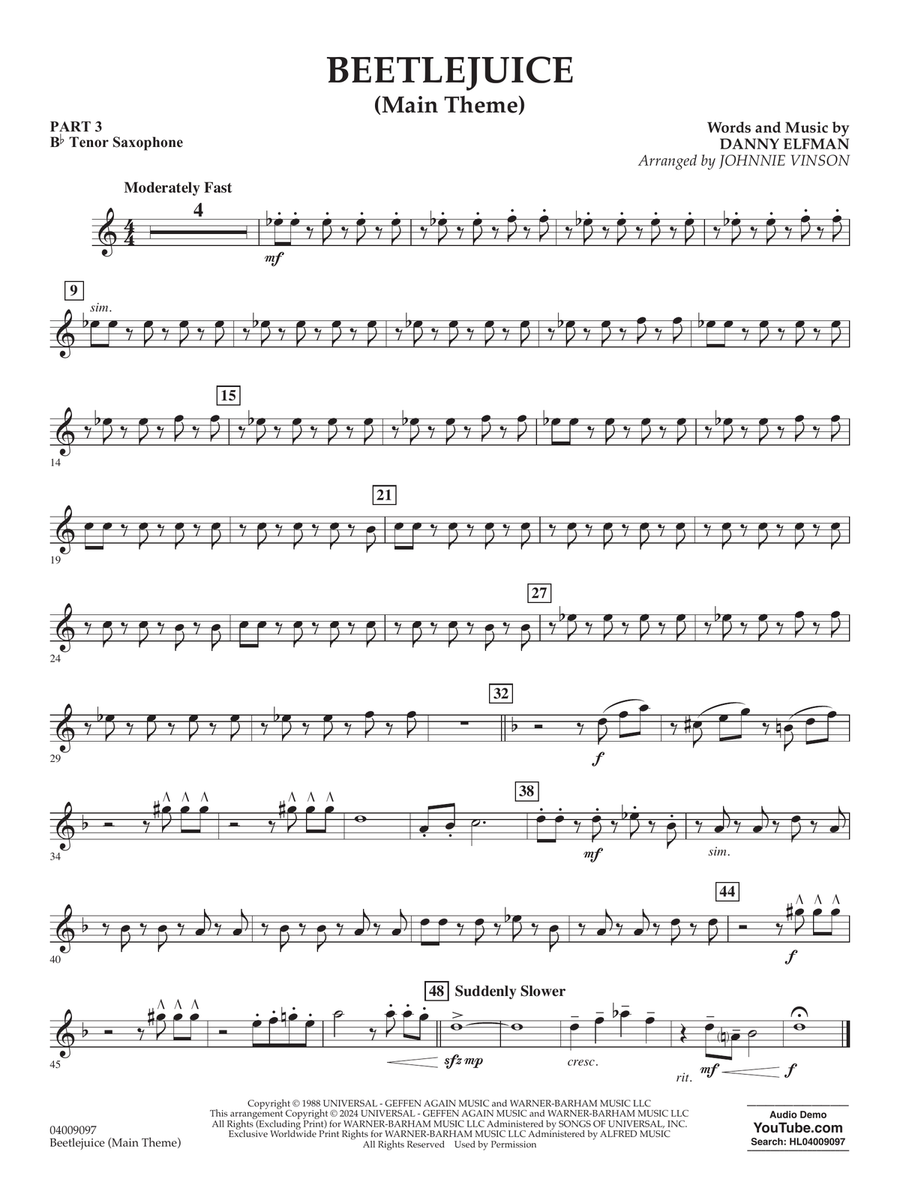 Beetlejuice (Main Theme) (arr. Johnny Vinson) - Pt.3 - Bb Tenor Saxophone Concert Band scores gallery preview page 1