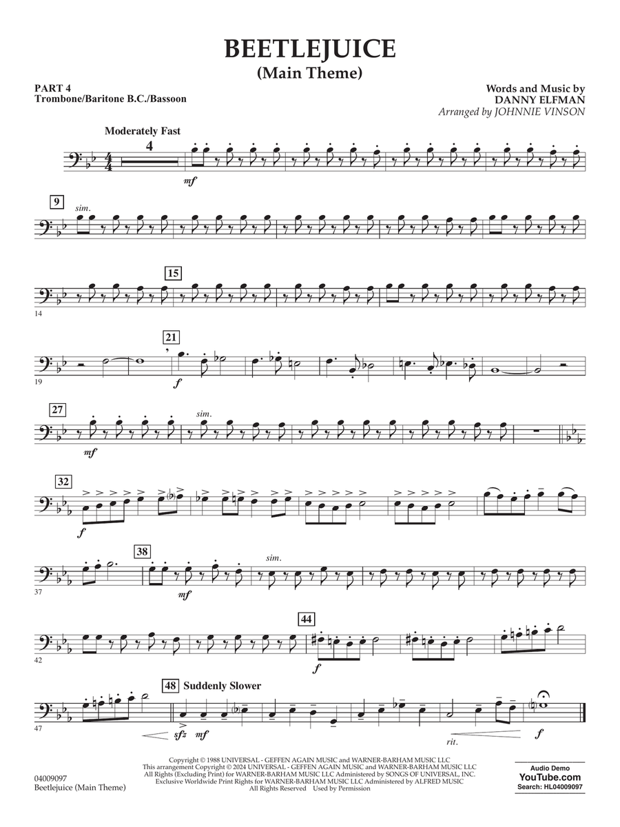 Beetlejuice (Main Theme) (arr. Johnny Vinson) - Pt.4 - Trombone/Bar. B.C./Bsn. Concert Band scores gallery preview page 1