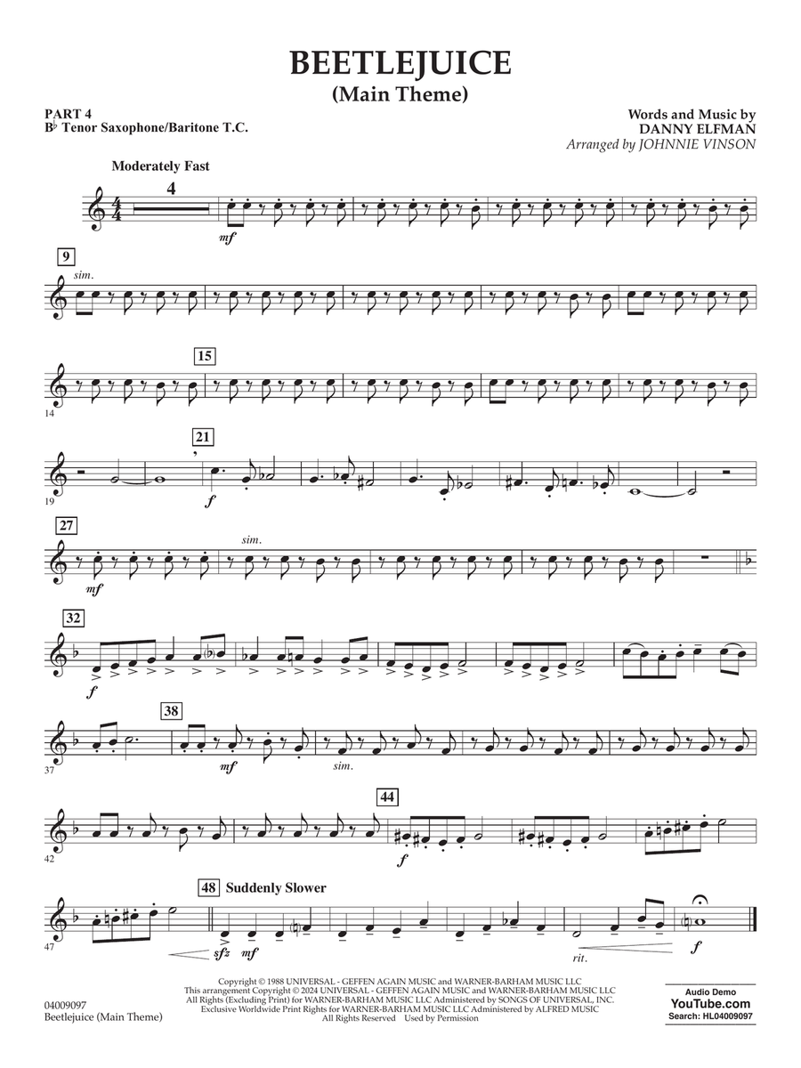 Beetlejuice (Main Theme) (arr. Johnny Vinson) - Pt.4 - Bb Tenor Sax/Bar. T.C. Concert Band scores gallery preview page 1