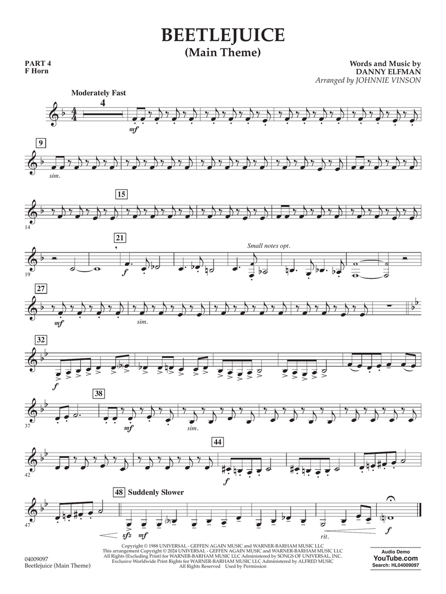 Beetlejuice (Main Theme) (arr. Johnny Vinson) - Pt.4 - F Horn Concert Band scores gallery preview page 1