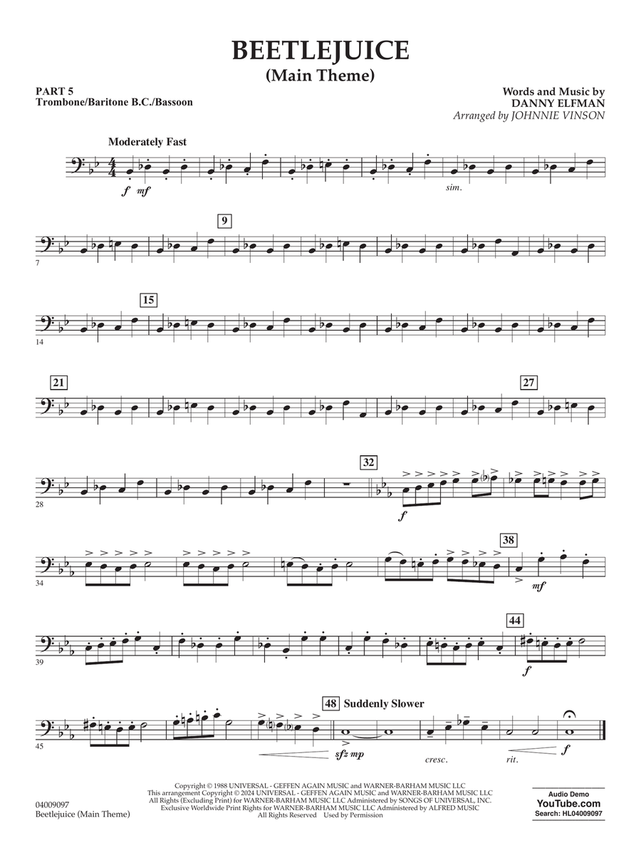 Beetlejuice (Main Theme) (arr. Johnny Vinson) - Pt.5 - Trombone/Bar. B.C./Bsn. Concert Band scores gallery preview page 1