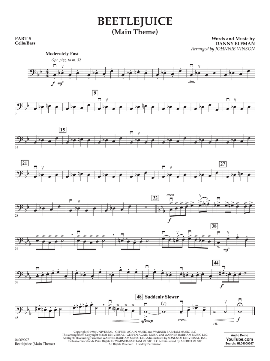 Beetlejuice (Main Theme) (arr. Johnny Vinson) - Pt. 5 - Cello/Bass Concert Band scores gallery preview page 1