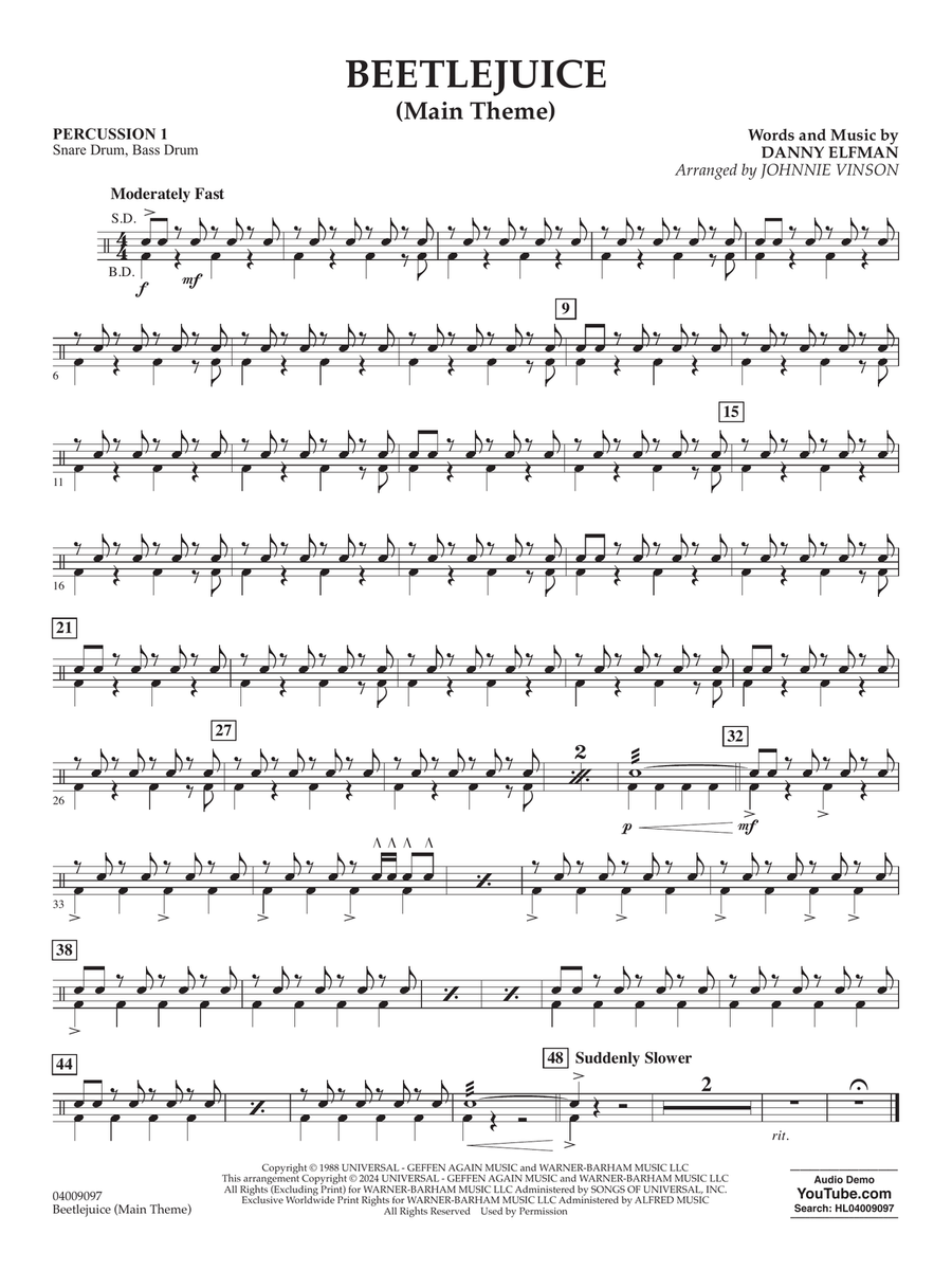 Beetlejuice (Main Theme) (arr. Johnny Vinson) - Percussion 1 Concert Band scores gallery preview page 1
