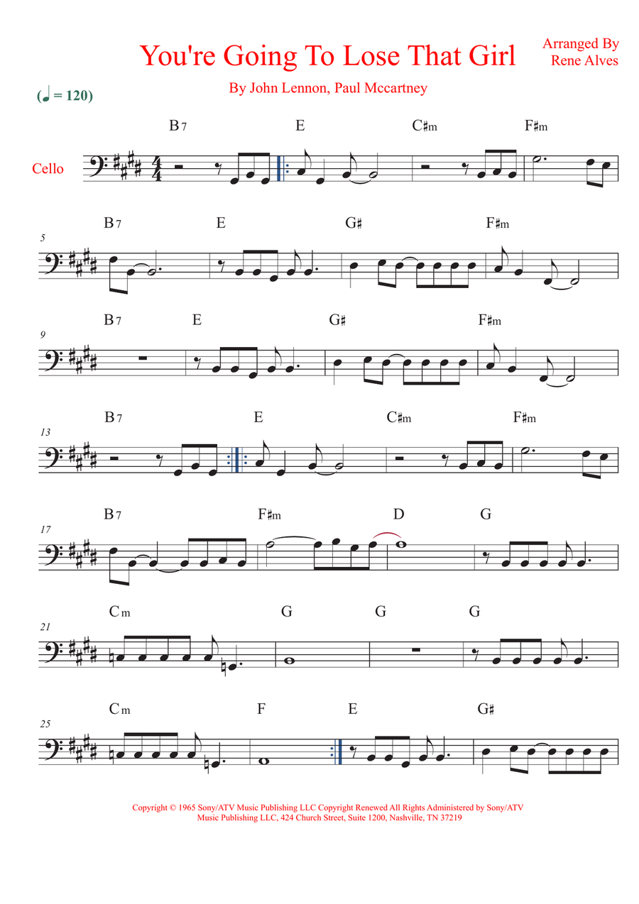 You're Going To Lose That Girl Cello Solo scores gallery preview page 1