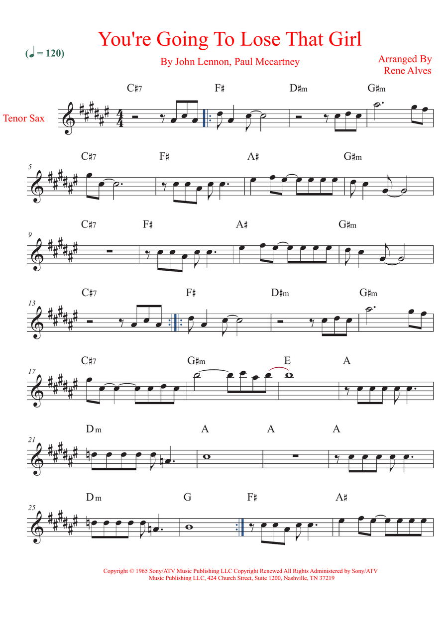 You're Going To Lose That Girl Tenor Saxophone scores gallery preview page 1