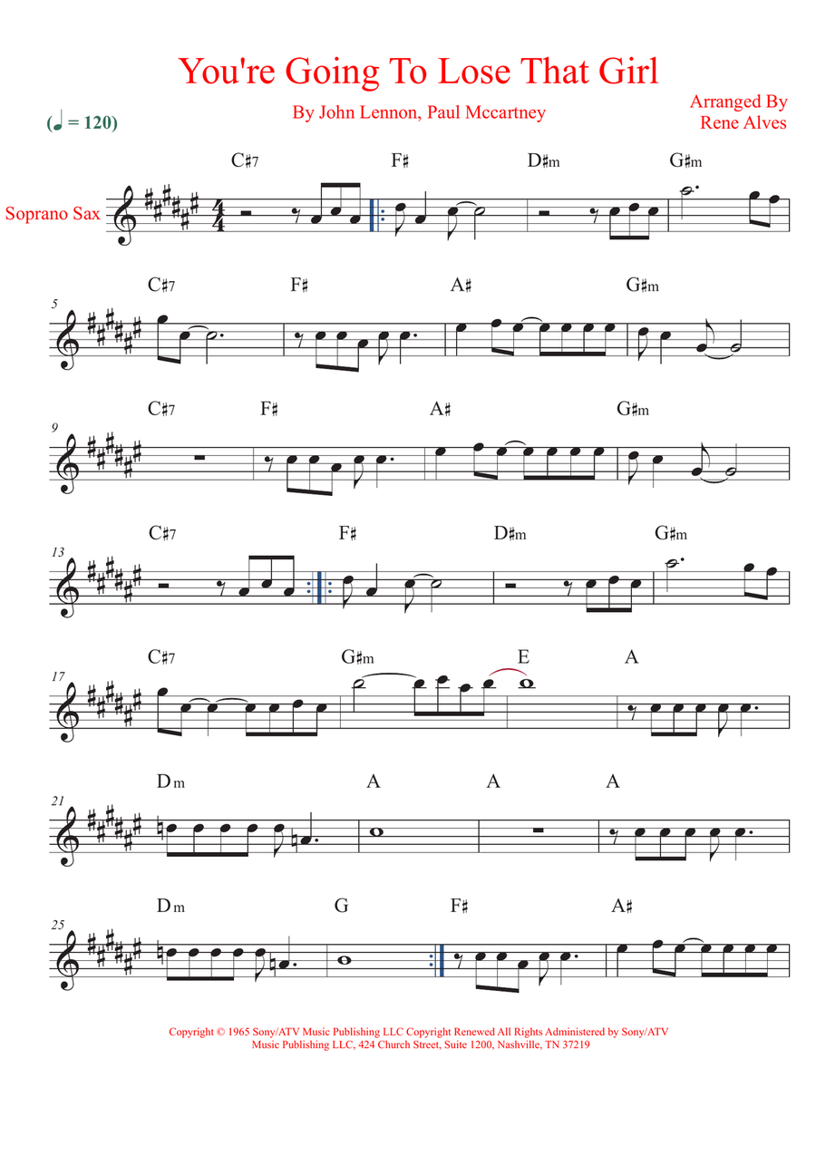 You're Going To Lose That Girl Soprano Saxophone scores gallery preview page 1