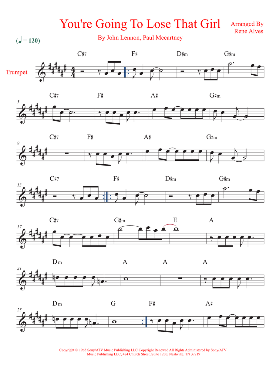 You're Going To Lose That Girl B-Flat Trumpet scores gallery preview page 1
